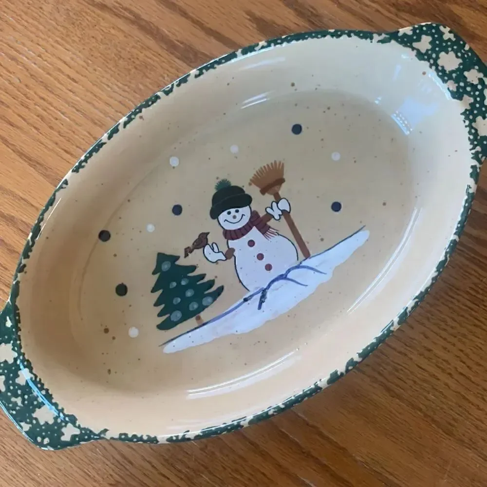 Stoneware Casserole Dish Green Spongeware Snowman